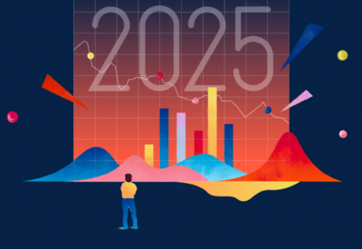 Illustration of graphical elements with the year &apos;2025&apos; at the center and a person looking into the distance