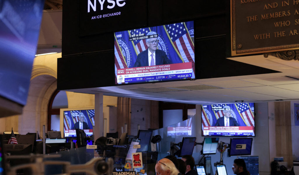 FILE PHOTO: Federal Reserve Chair Jerome Powell interest rate announcement at the New York Stock Exchange (NYSE) in New Yo...