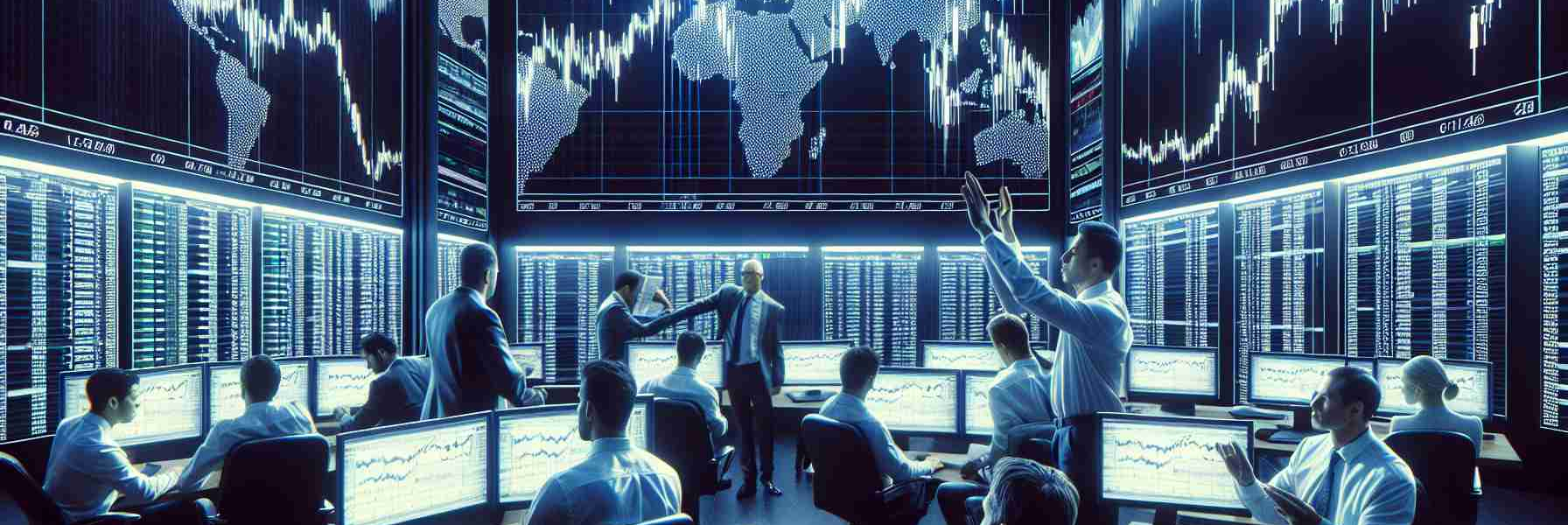 Generate an image portraying a high-definition scene of a stock market setting. Specifically, depict an intense atmosphere as traders scramble in response to unexpected changes in Amazon's stock during the pre-market trading period. Include monitors displaying graphs with sudden rises or falls, and engaged individuals analyzing data and communicating rapidly with each other.