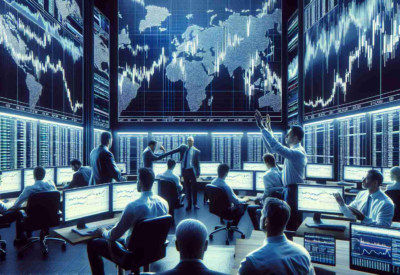 Generate an image portraying a high-definition scene of a stock market setting. Specifically, depict an intense atmosphere as traders scramble in response to unexpected changes in Amazon's stock during the pre-market trading period. Include monitors displaying graphs with sudden rises or falls, and engaged individuals analyzing data and communicating rapidly with each other.